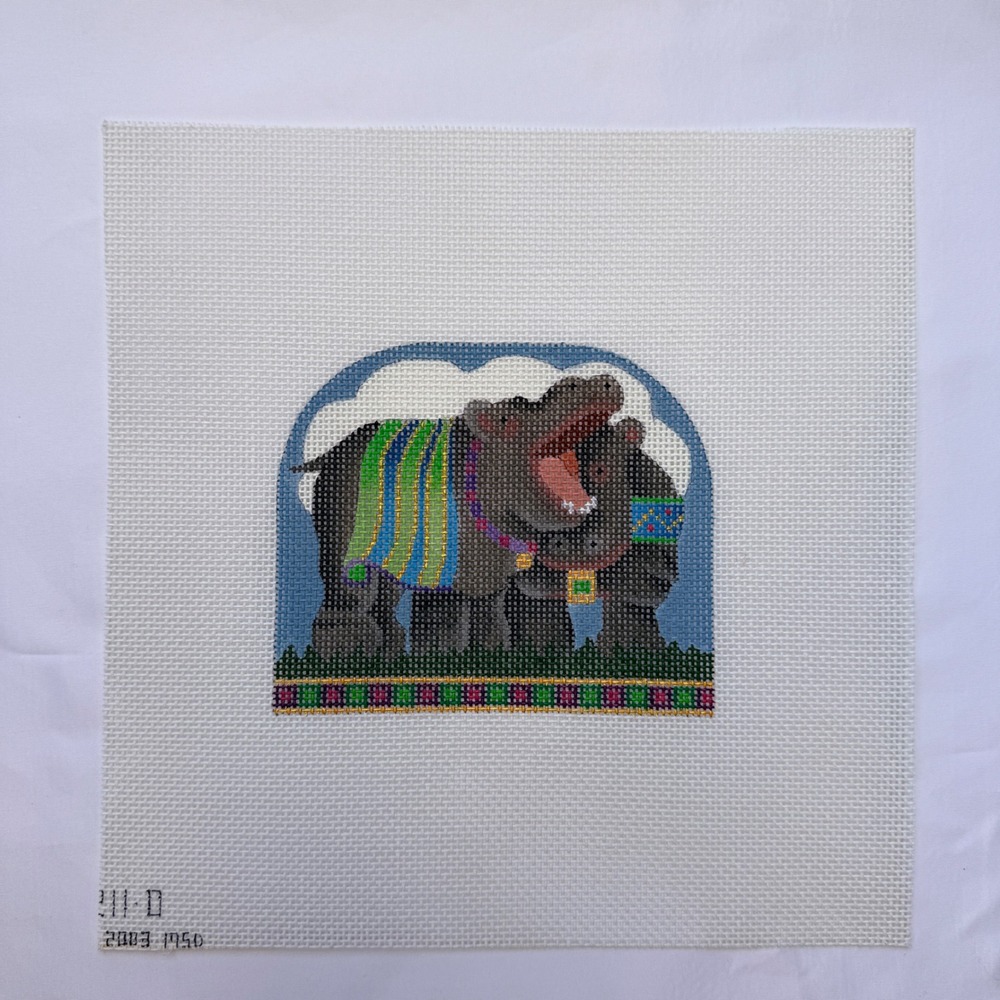 Hippo Hand Painted Needlepoint Canvas Colorful Hippopotamus Animal 2003 Vintage